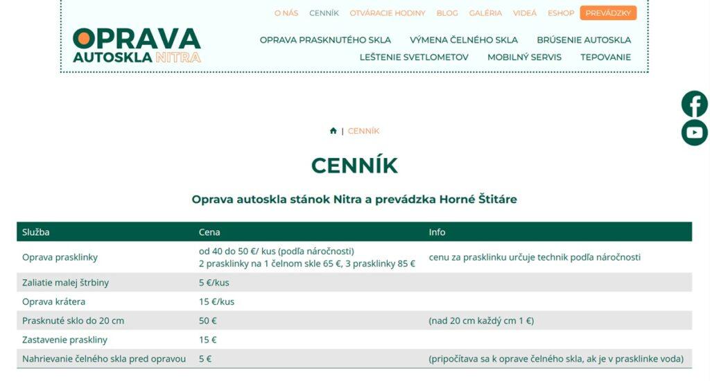 oprava autoskla cenník