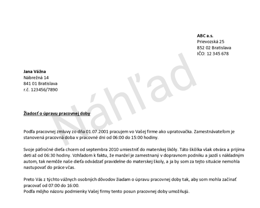 vzor ziadosti o upravu pracovneho casu